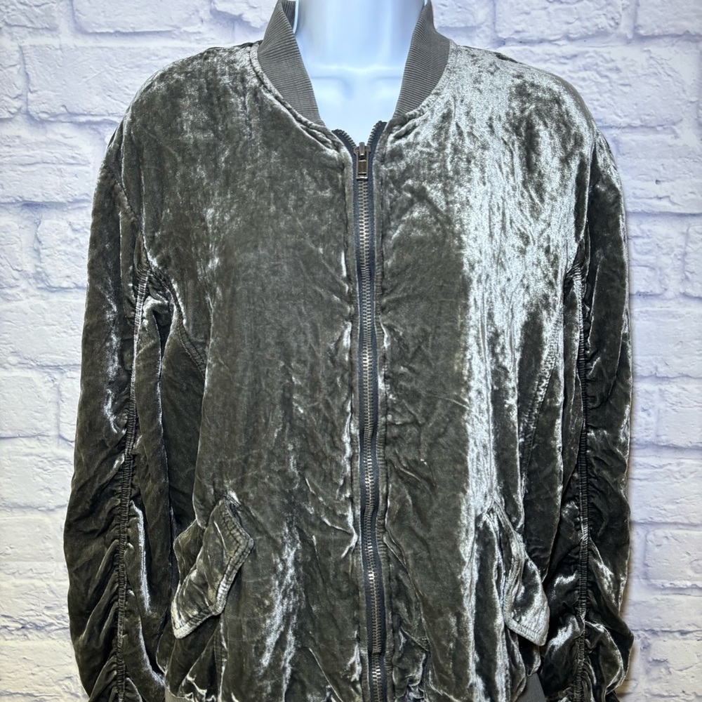 Free People Jacket Womens M Gray Crushed Velvet Bomber Ruched Boho